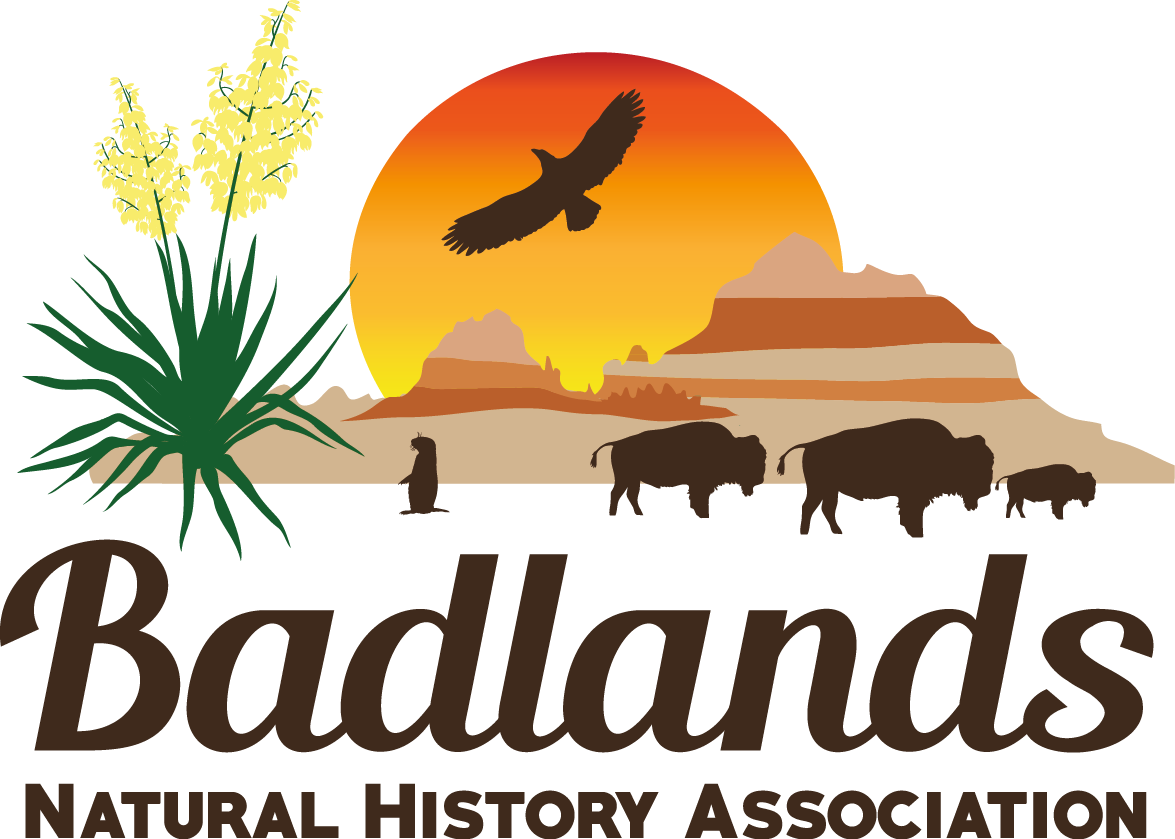 Colorful logo with badlands, bison, prairie dog, yucca, and eagle.