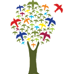 Artistic rendering of a tree with the leaves made of multi-colored bird shapes.