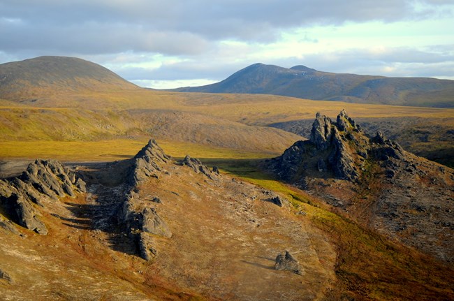 An autumn tundra scene. Large granite tors rise from an orange and yellow landscape.
