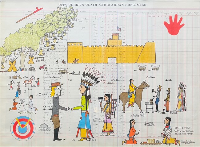 A traditional ledger drawing of Bent’s Old Fort illustrates Cheyenne people interacting with traders and others at the fort. The cylindrical red, blue, and yellow is the Cheyenne woman’s design and signifies the power of native women. The red hand signifi