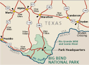 Area map showing highway routes to and from the Rio Grande Wild & Scenic River and Big Bend National Park.
