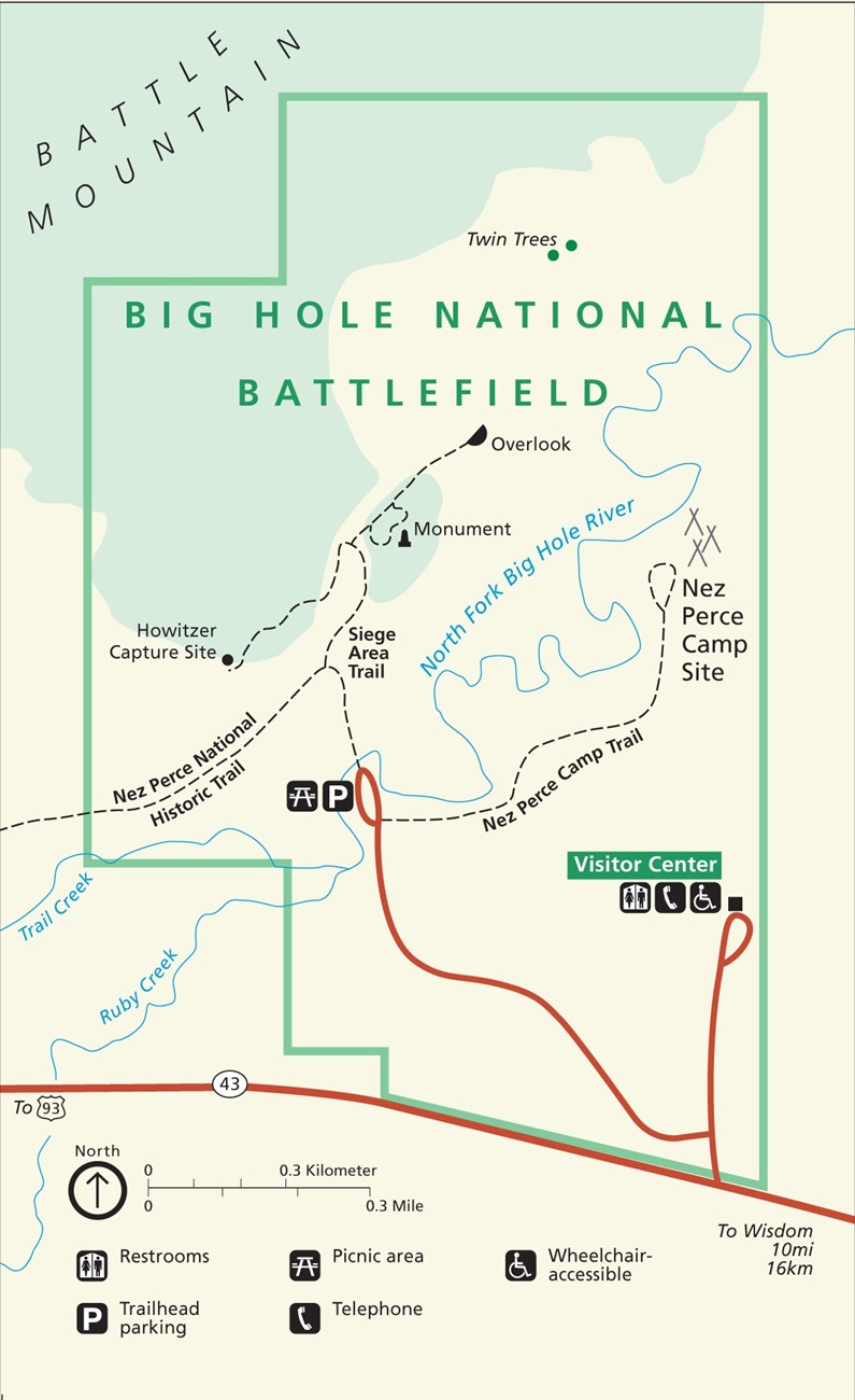 A map that shows the different hiking trails at the battlefield