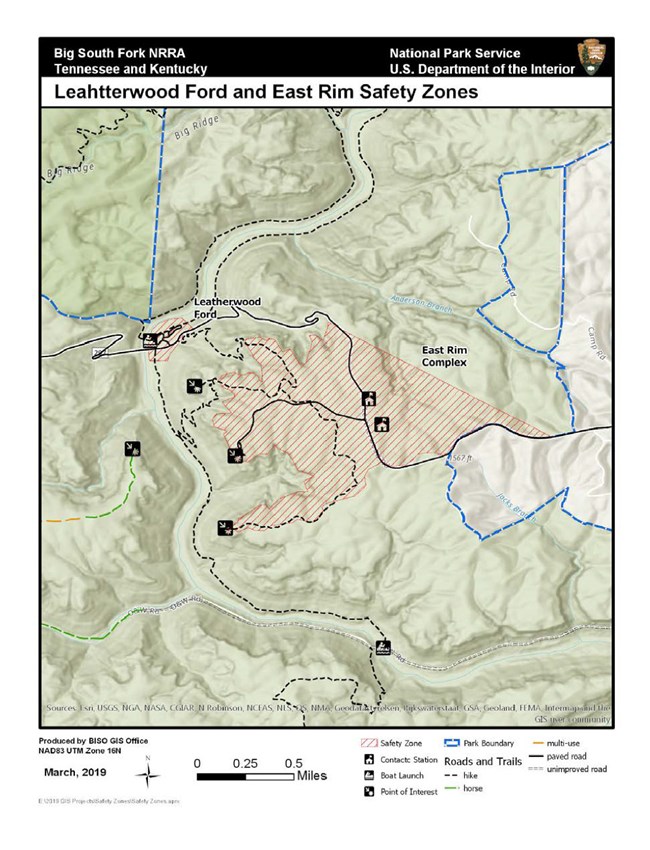 Map of safety zones in East Rim and Leatherwood Ford areas