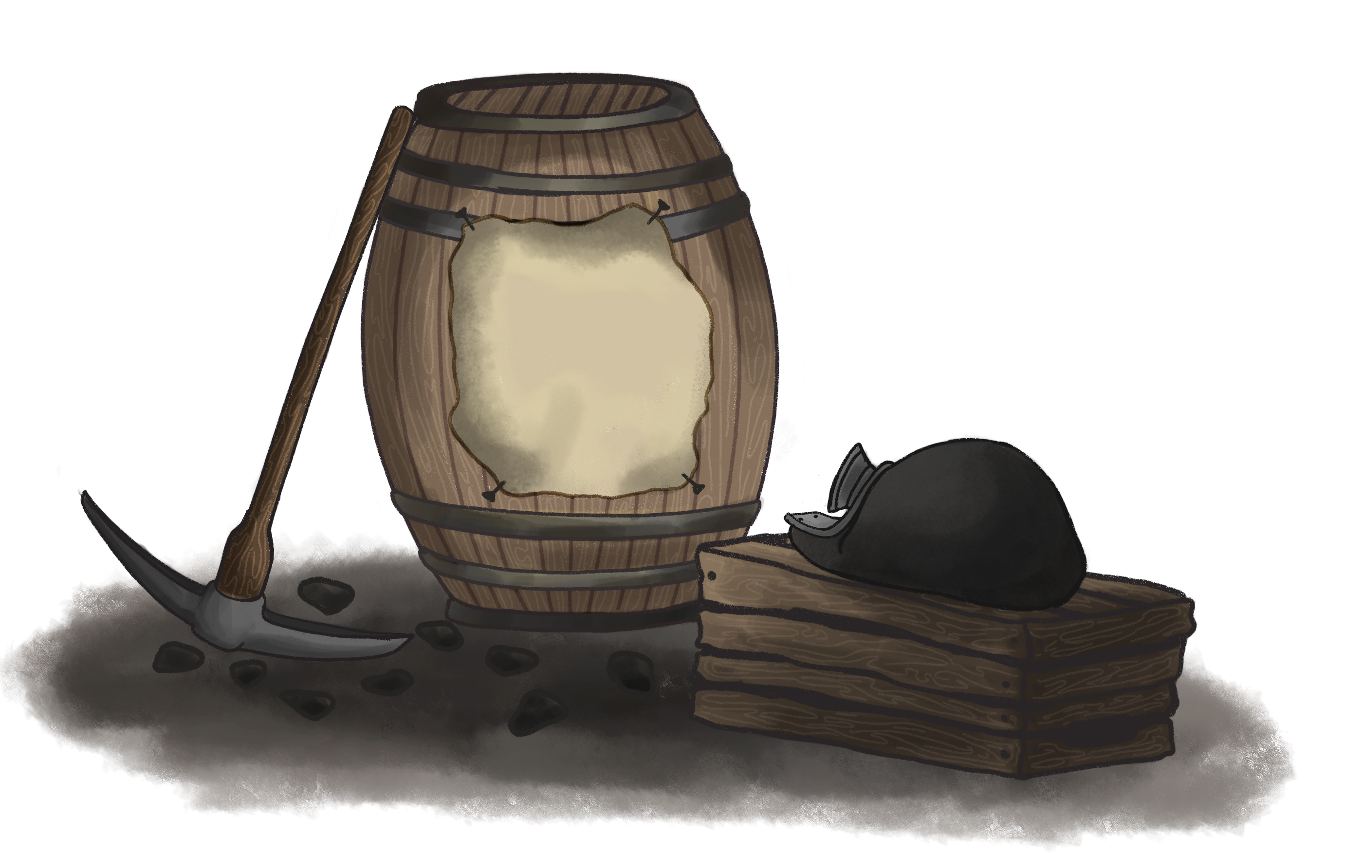 Sketch of Wooden barrel, wooden crate with mining helmet, and axe surrounded by coal nuggets.
