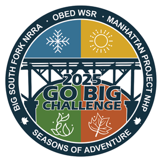 2025 Go Big Challenge logo features four seasonal symbols: snowflake (winter), sun (summer), green leaves (spring), and orange leaf (fall). A bridge silhouette spans the center, surrounded by park names and the tagline "Seasons of Adventure."