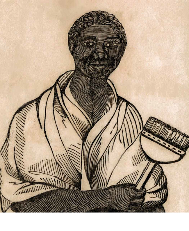 African American woman in a dress holding a broom