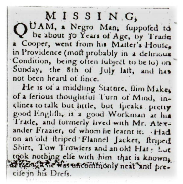 newspaper article about "Quam" a runaway slave