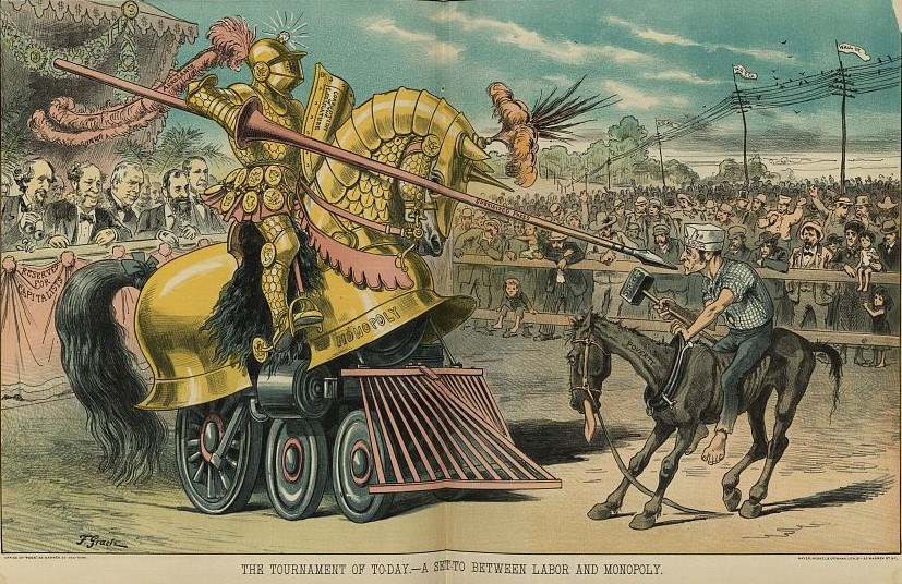 a shiny golden knight representing monopoly jousts with a smaller man riding a donkey who represents labor as onlookers watch, illustration