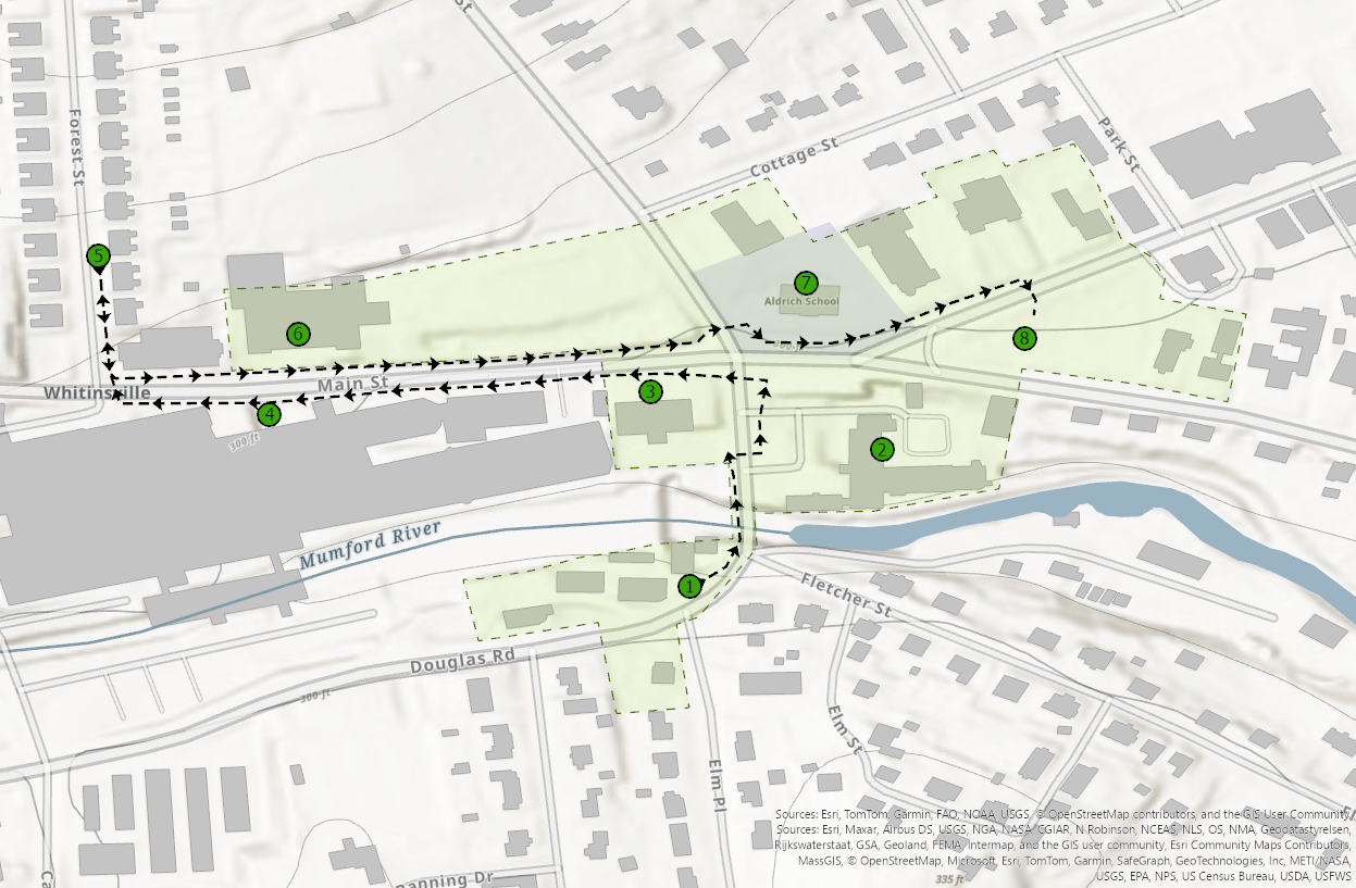 Map of community with dotted lines and numbered circles