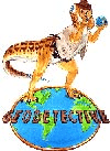 Geodetective patch showing a representation of an allosauros standing on a picture of the earth