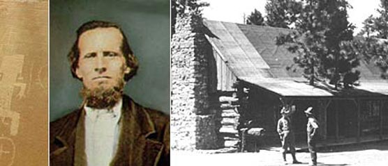 Collage of petroglyphs on the right, Eb Bryce in the middle and a Historic cabin with two men standing nearby