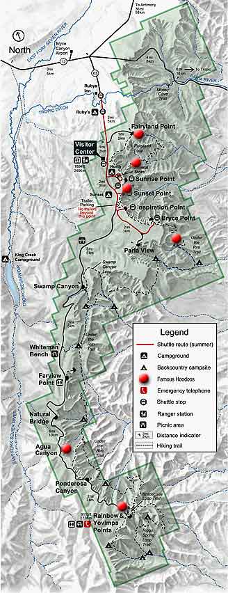 park map with red dots indicating viewing locations of hoodoos in Bryce Canyon