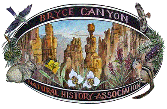Bryce Canyon NHA Logo. depicts the features and creatures of Bryce Canyon, Showing a Red-tailed Hawk, Golden-mantled Ground Squirrel, Cottontail Rabbit, and Violet-green Swallow and flowers and formations.