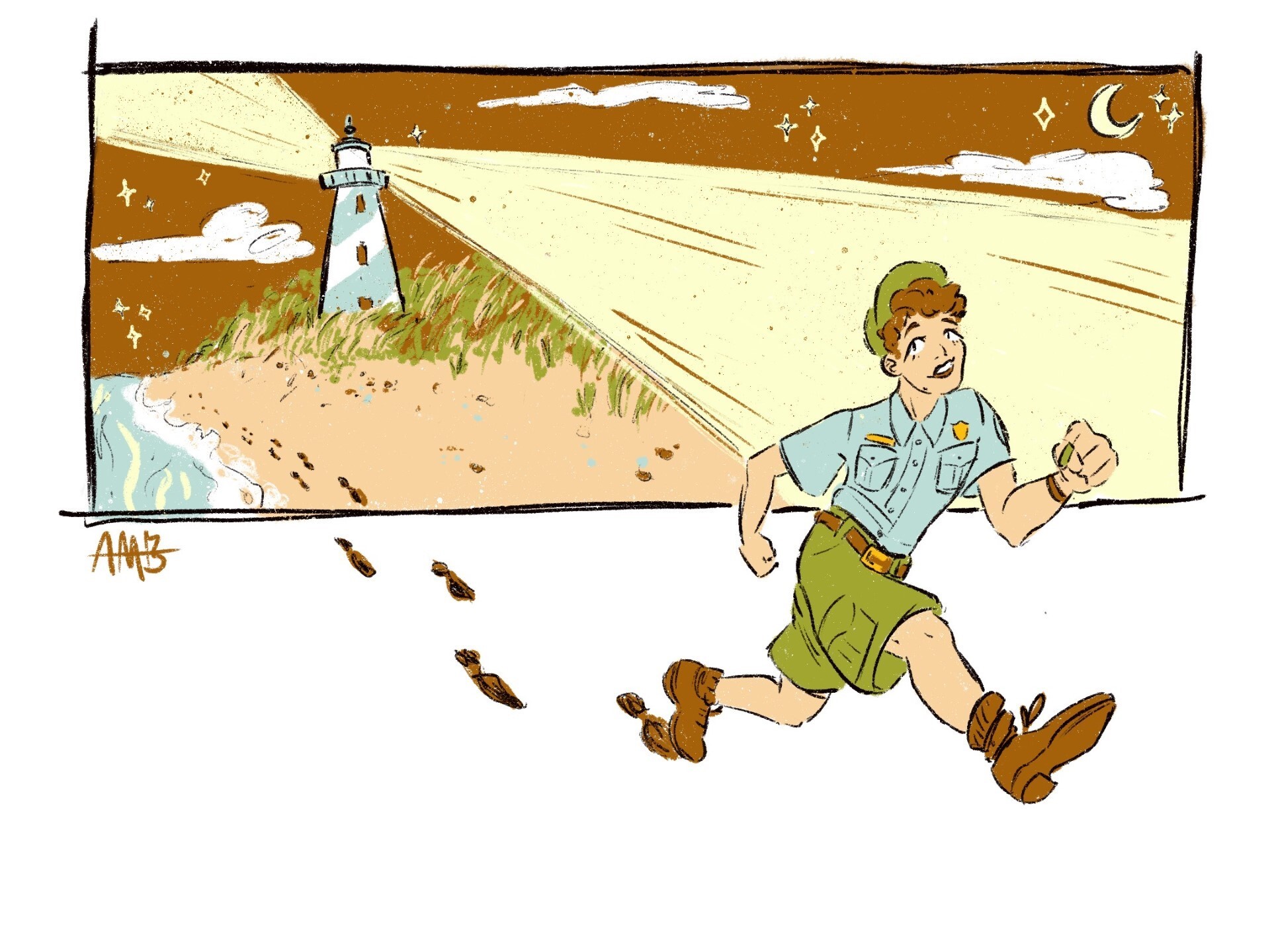 Colored illustration of a park ranger walking away from a lighthouse on a beach at night.