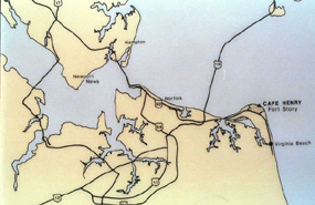 Map showing the route to Fort Story and Cape Henry