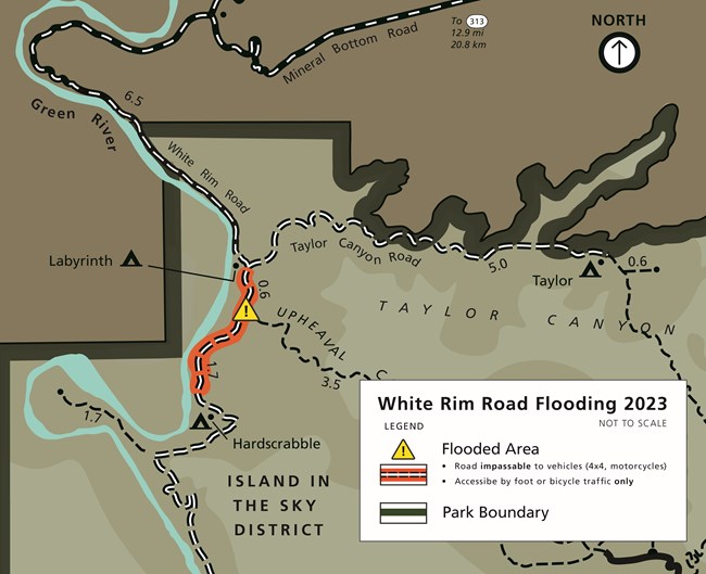 Map outlines flooded areas of White Rim Road at Upheaval Wash.