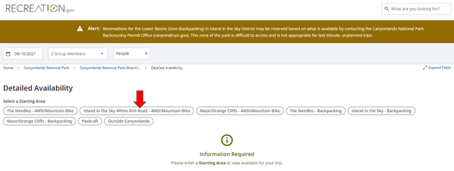 Red arrow pointing to the button: “Island in the Sky White Rim 4WD/Mountain Biking”