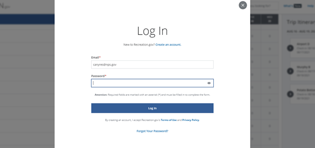 Screenshot of Log in homepage on Recreation.gov