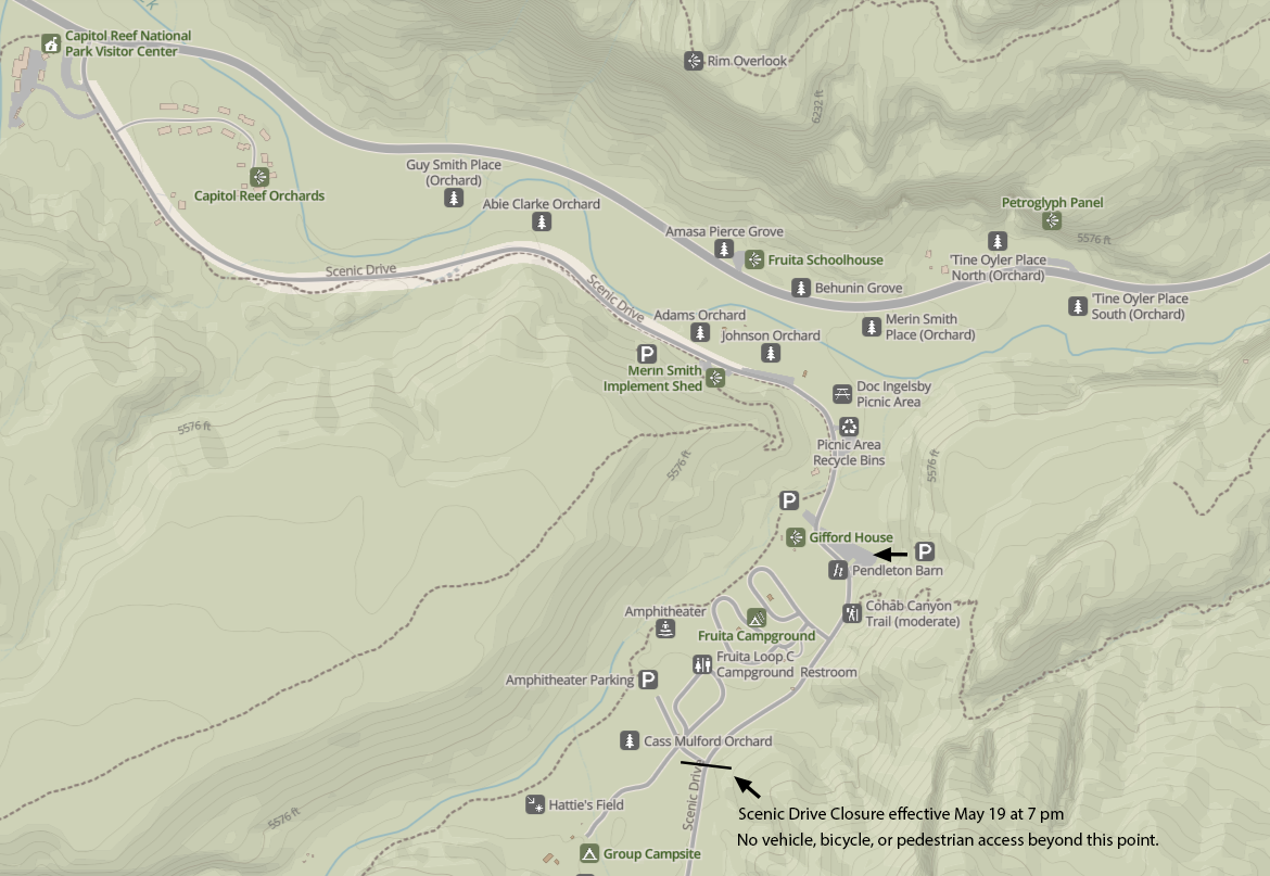 Map of the Fruita area showing parking locations and the Scenic Drive closure point effective May 20