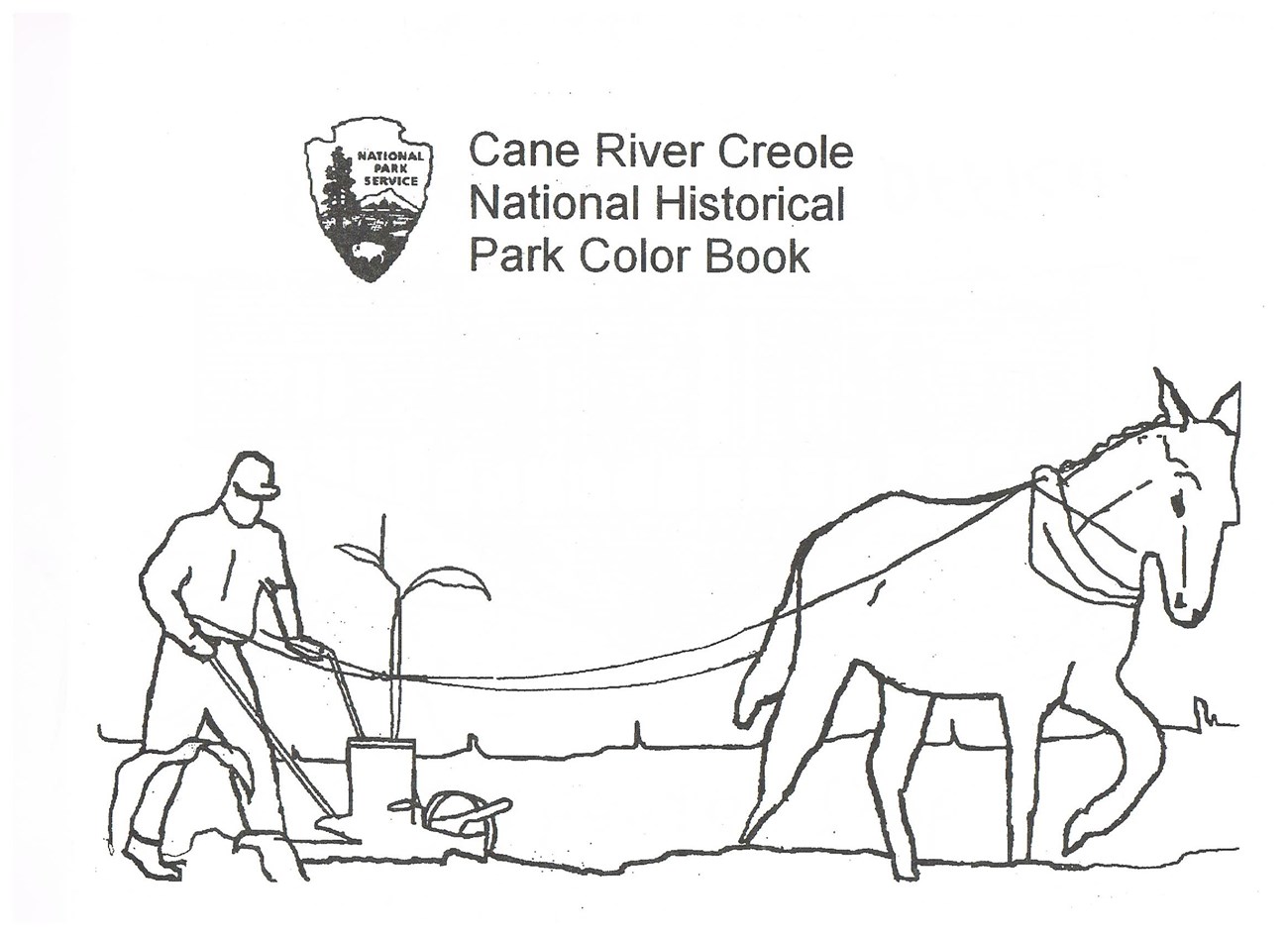 Drawing of a man plowing with a mule.