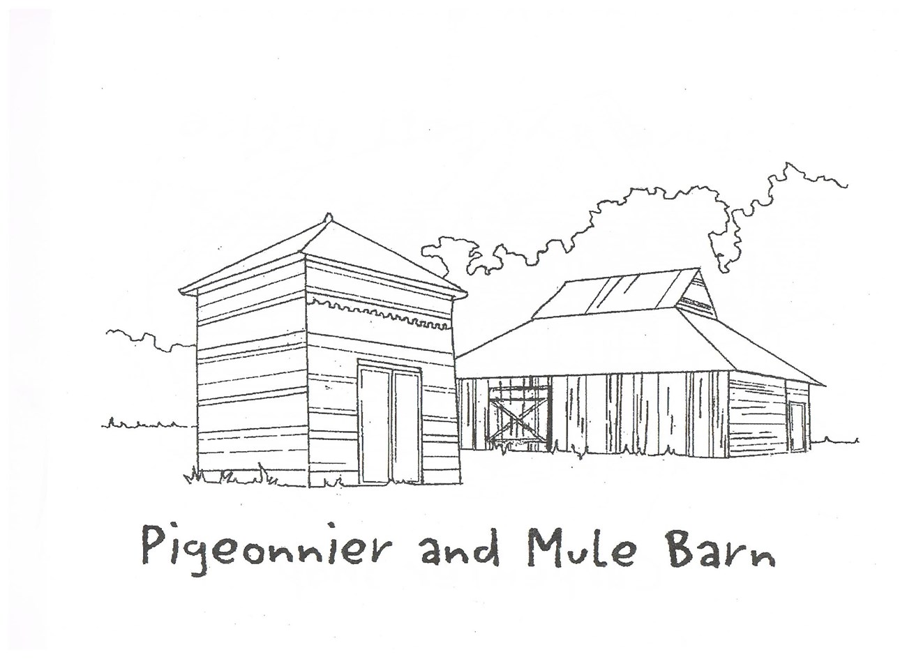 Drawing of the Oakland Plantation Pigeonnier and Mule Barn.