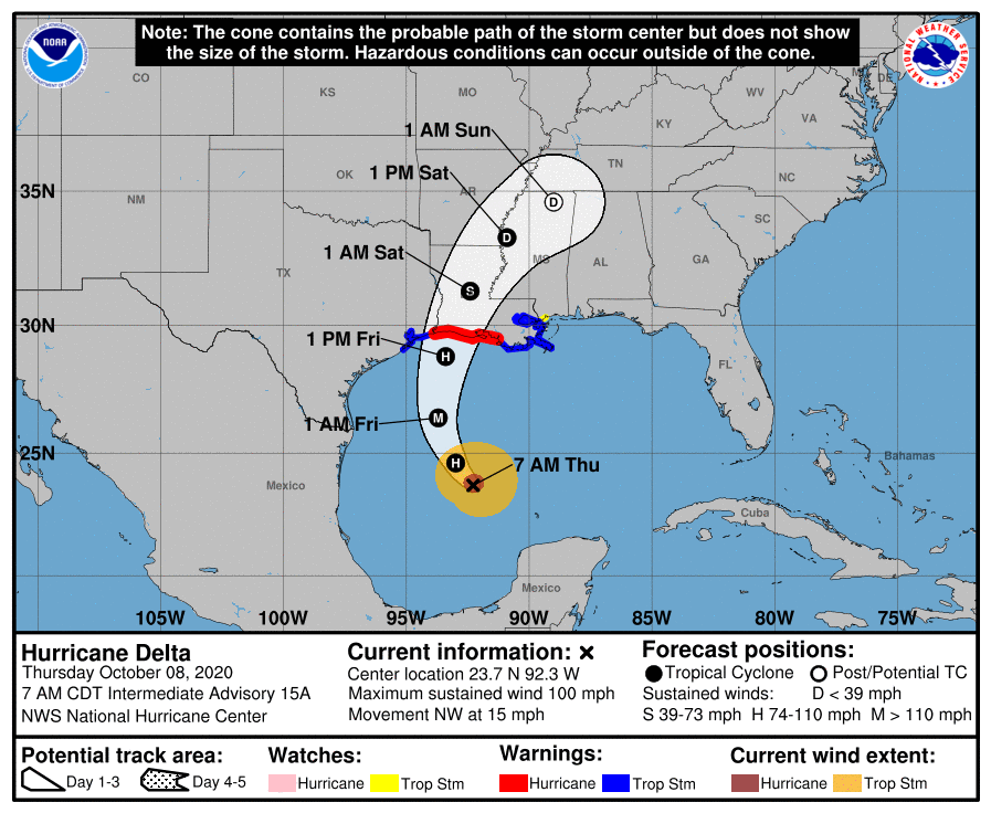 NOAA map showing predicted path of Hurricane Delta