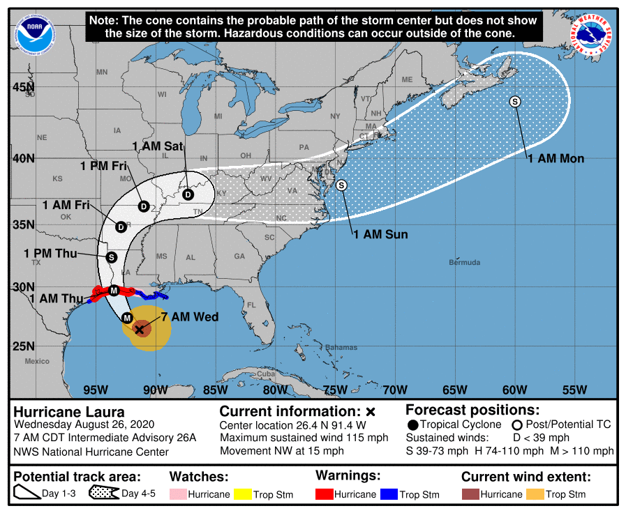 National Hurricane Center Map showing predicted path of Hurricane Laura
