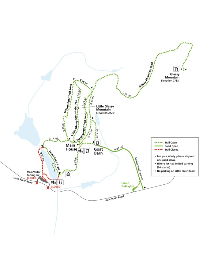 Trail map with red (closed) and green (open) trails.