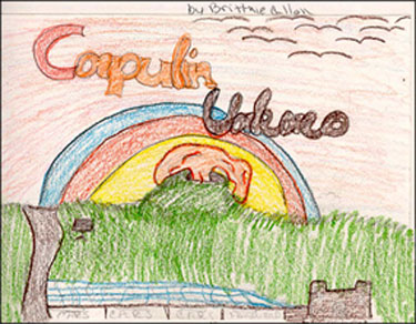 Child's crayon drawing of Capulin Volcano with a rainbow.
