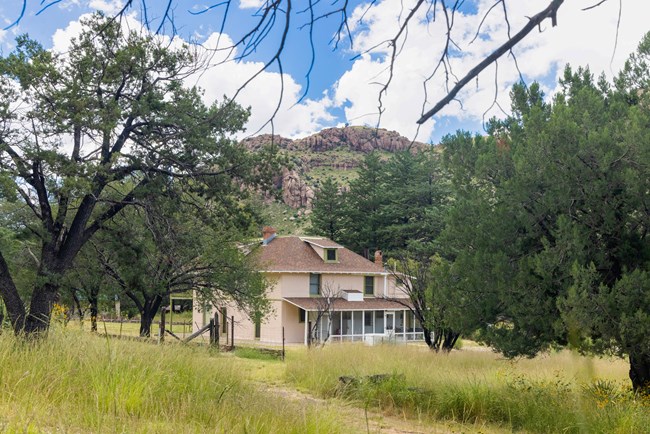 Faraway Ranch house is framed by branches with large rocks formations behind and grases in the foreground
