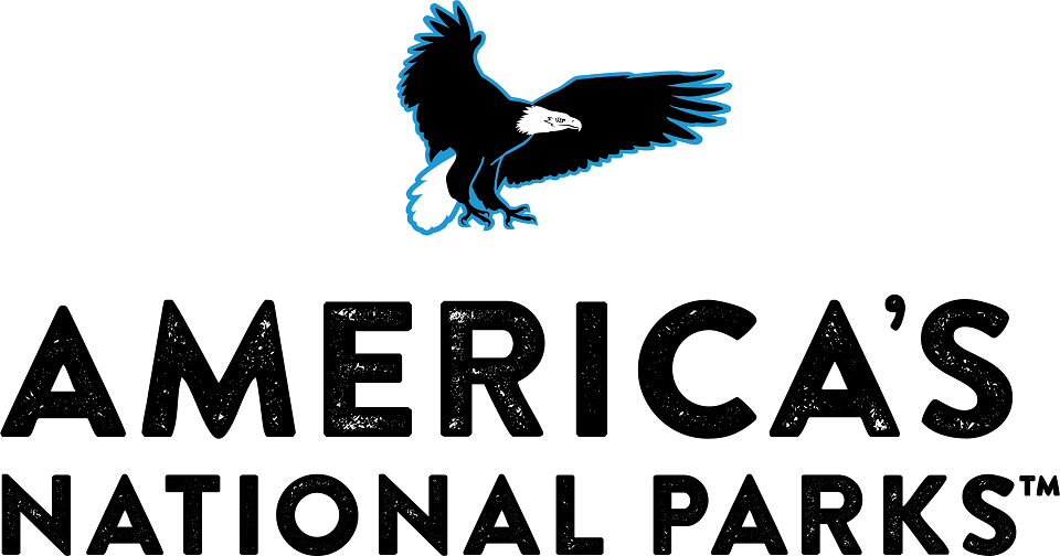 Drawing of black and white eagle outlined in blue above the words in black America's National Parks TM