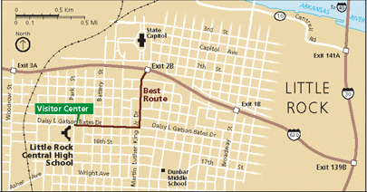 Area map of Little Rock showing best route to arrive as taking I-630 west from I-30.  Take the Martin Luther King, Jr. Drive exit and travel south to Daisy L. Gatson Bates Drive.  The visitor center is located at the intersection of Daisy Bates and Park Street.