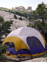 Colorful tent pitched at campsite