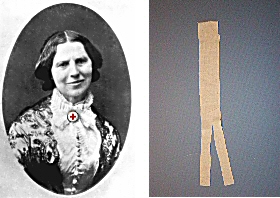 Clara Barton wearing a Red Cross pin at her neck and image of a bandage.