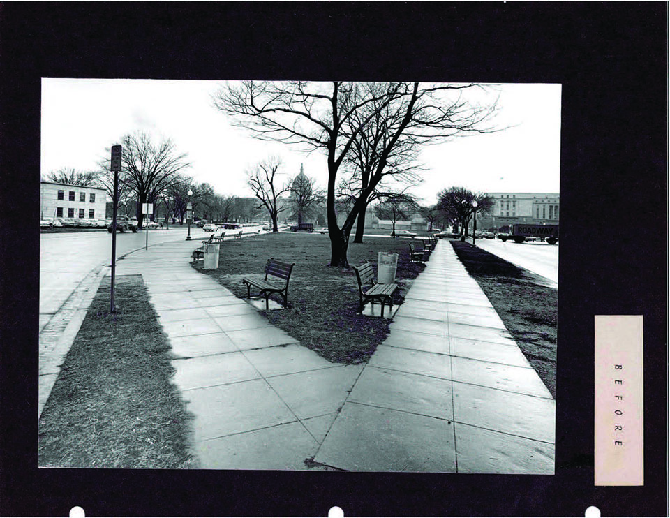 A sidewalk forms a "V" around a patch of grass with benches, leafless trees, and trash cans, labeled "Before."
