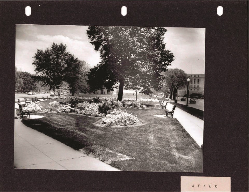 A sidewalk forms a "V" around a patch of grass with benches, leafless trees, and trash cans, labeled "Before."