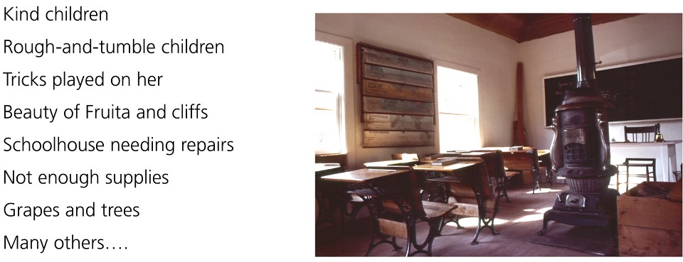 Text: what are the teacher's recollections about her time as a schoolteacher in Fruita? Photo of 1930s schoolhouse interior.