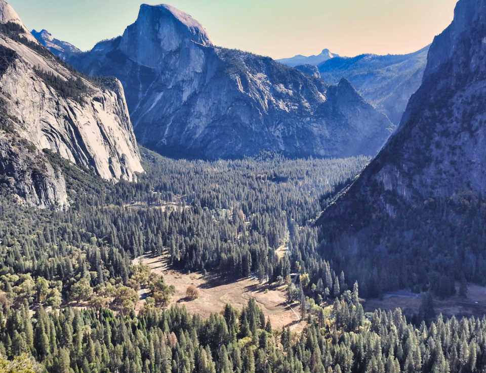 View of the Valley floor with granite mountains in background.