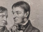 Engraving of Ralph Waldo Emerson in suit, holding right hand his chin