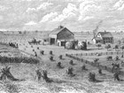 A drawing illustrates an 1800s farmhouse and barn among wheatfields and haystacks.