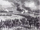 A crosshatched 1864 ink sketch depicts cavalrymen on a farm with burning buildings.