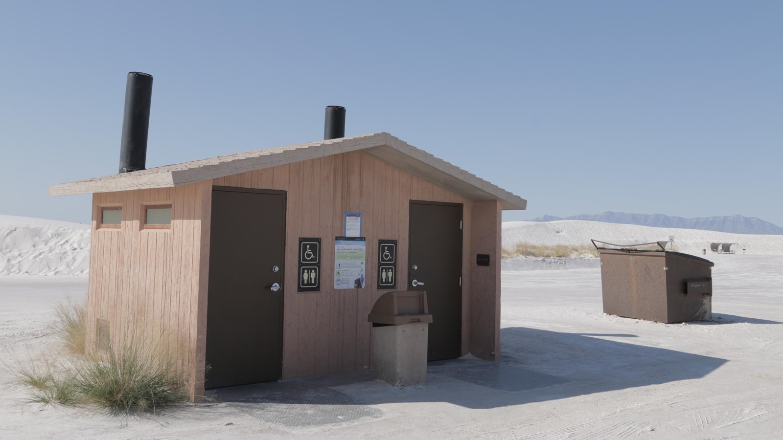 The first restroom at the Roadrunner Picnic Area, in the heart of the dunefield.