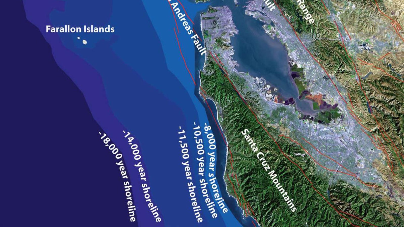 Graphic depiction showing the shifting coastline of the San Francisco Bay
