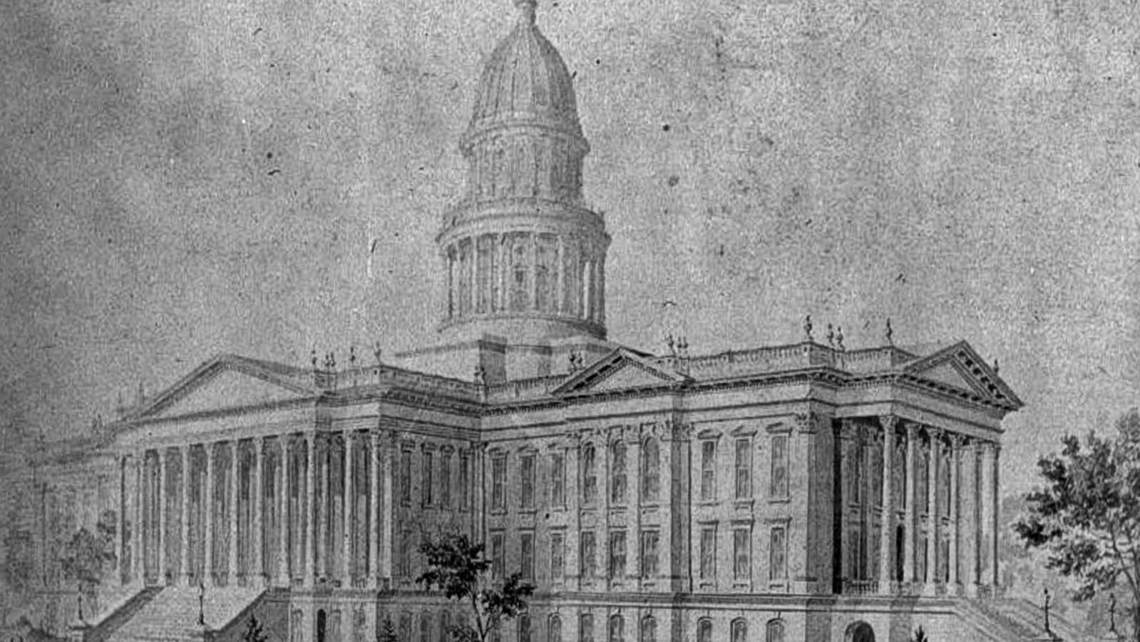 A black and white illustration of a 19th century building.