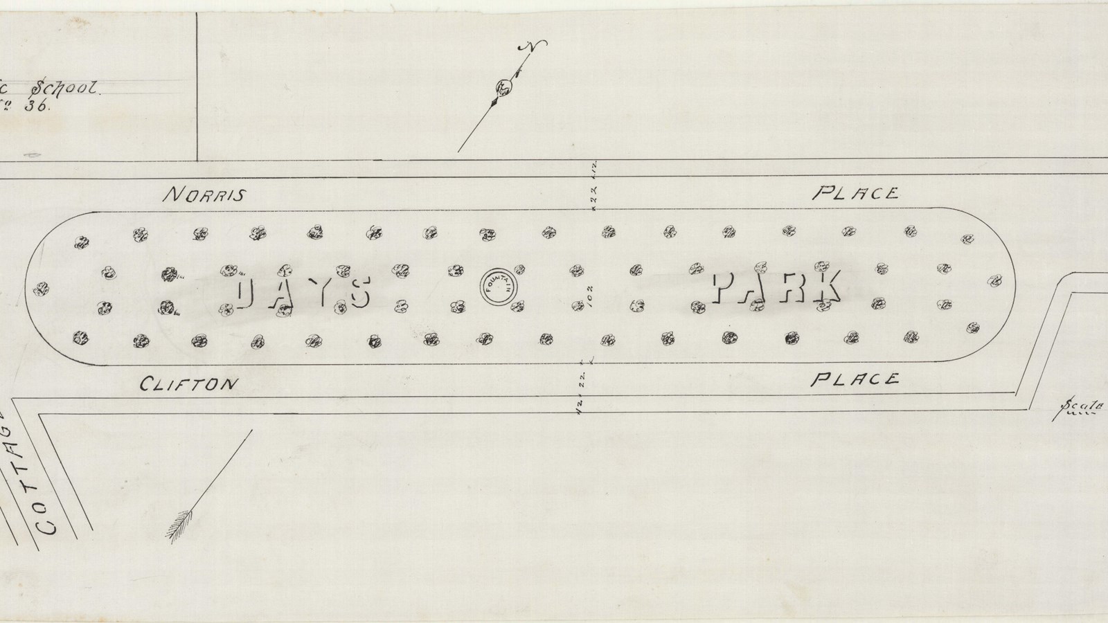 Pencil drawing of skinny oval shaped park with trees all around and a fountain