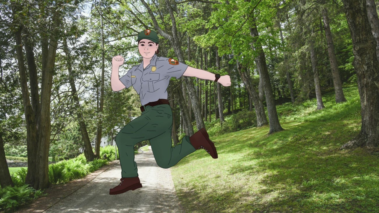 wide gravel trail with trees on each side with cartoon image of a park ranger superimposed on top