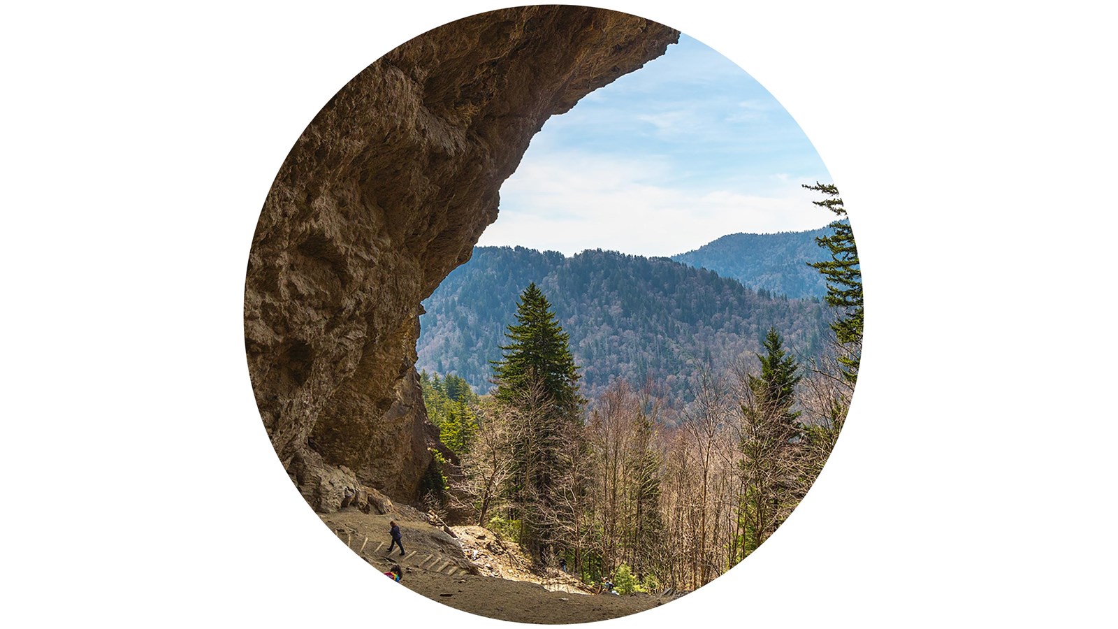 Rocky overhang with a mountain view and trees in the background.