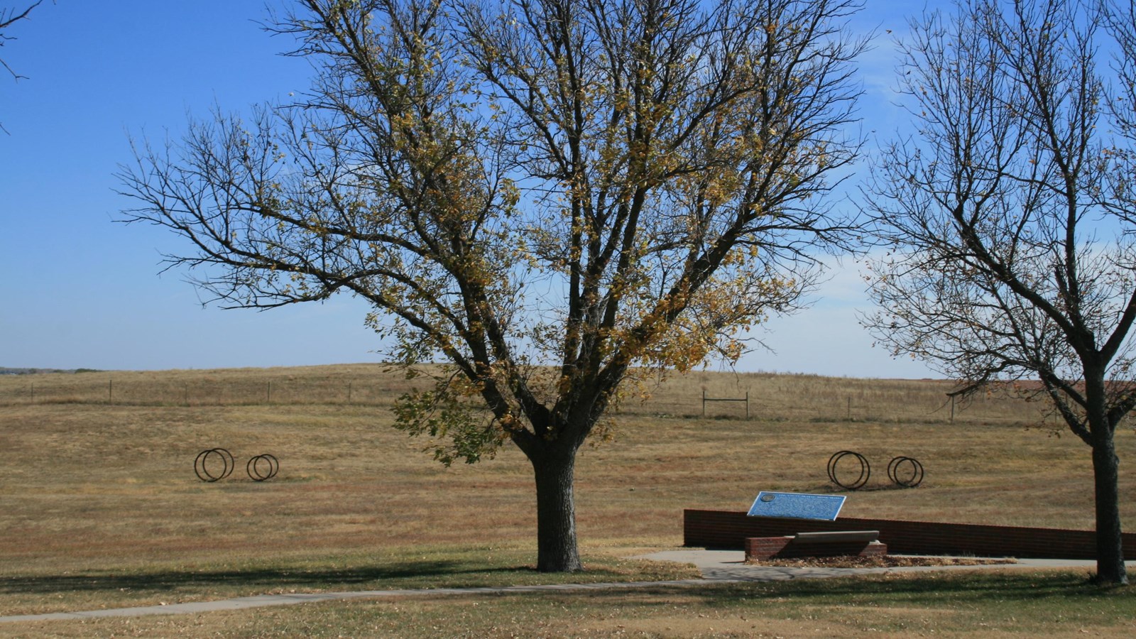 Monuments sit next to two tall trees within an expansive grass prairie.