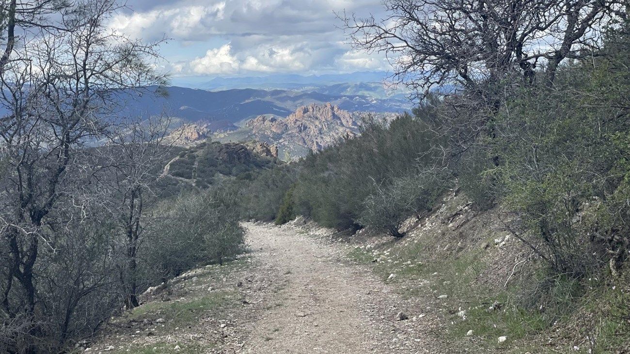 Rocky trail heading down chaparral covered mountain with rock formations seen from a distance.