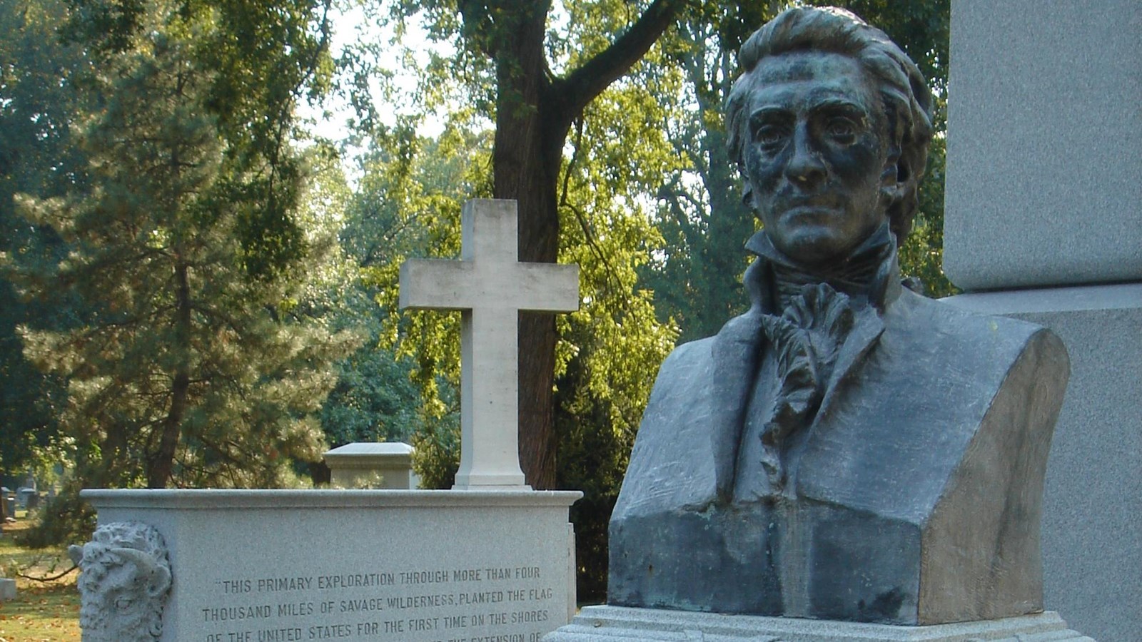 Large stone monument with stone bust of William Clark
